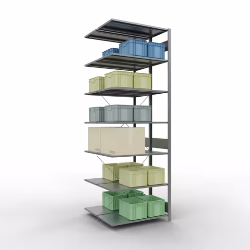 Produktbild Nr 11 des Artikels Anbauregal, Doppelregal, Fachbodenregal Stecksystem MULTIplus150, 3000 x 1000 x (2x1000) mm (HxBxT), 2x7 Fachböden, Kreuzstrebe, verzinkt Abbildung Nr 11 des Artikels Anbauregal, Doppelregal, Fachbodenregal Stecksystem MULTIplus150, 3000 x 1000 x (2x1000) mm (HxBxT), 2x7 Fachböden, Kreuzstrebe, verzinkt aus der Produktgruppe Fachbodenregale von der Marke Schulte Lagertechnik