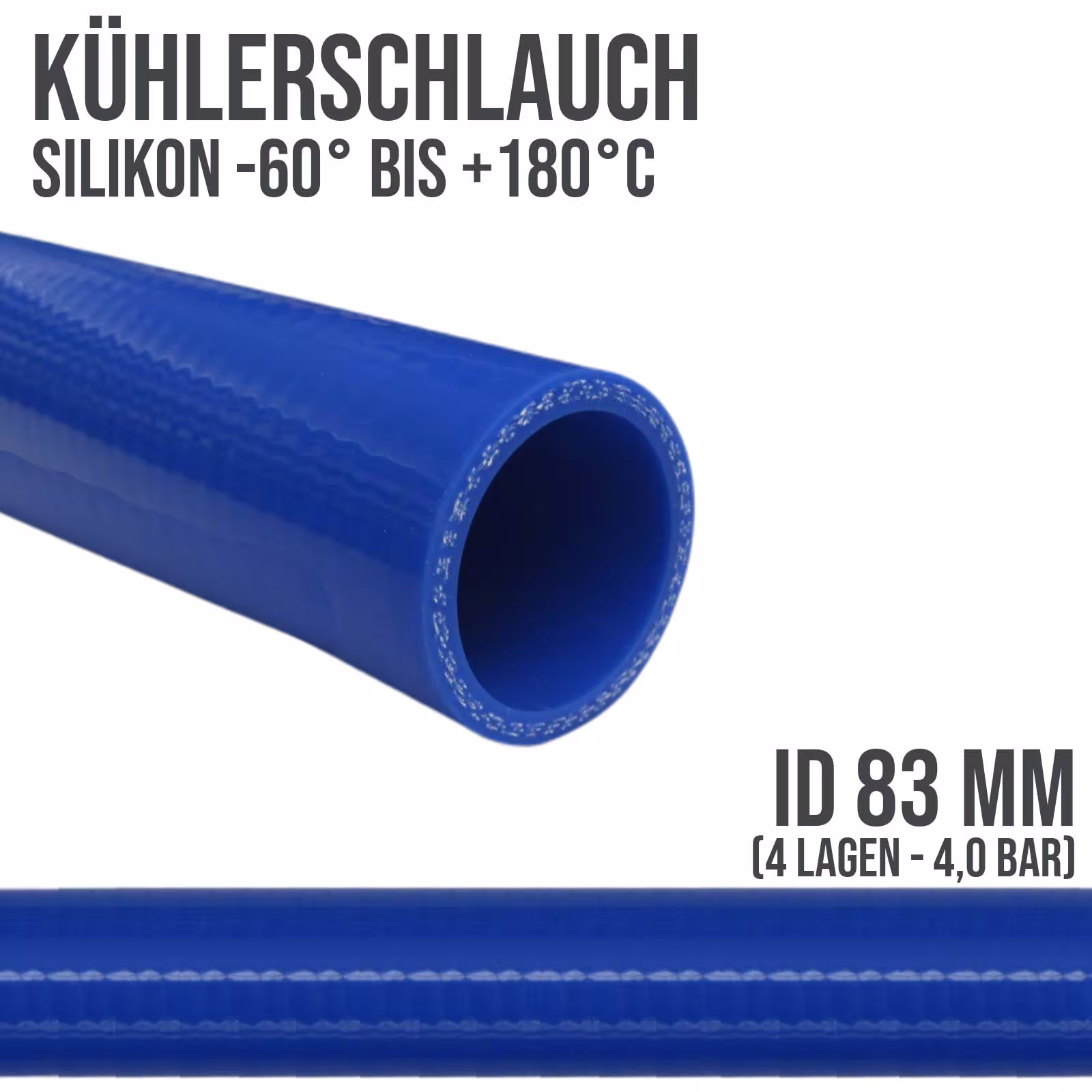 83 x 93 mm Kühler Silikon LLK Ladeluft Kühlmittel Schlauch blau PN 4,0 bar - Fixlänge 1 m aus der Kategorie Kühlwasserschläuche mit der Artikelnummer KSS083-1000GA