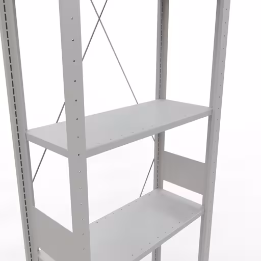 Andere Ansicht des Artikels Grundregal, Fachbodenregal Stecksystem MULTIplus150, 3000 x 750 x 300 mm (HxBxT), 7 Fachböden, Kreuzstrebe, RAL 7035 lichtgrau aus der Kategorie Stecksystem
