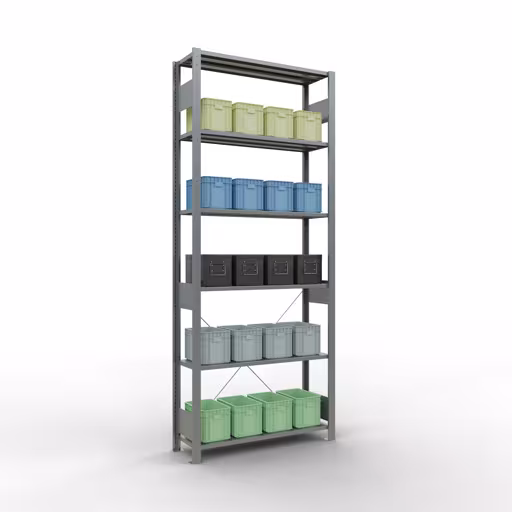 Abbildung Nr 15 des Artikels Grundregal, Fachbodenregal Stecksystem MULTIplus150, 2500 x 1000 x 300 mm (HxBxT), 6 Fachböden, Kreuzstrebe, verzinkt aus der Produktgruppe Stecksystem von der Marke Schulte Lagertechnik