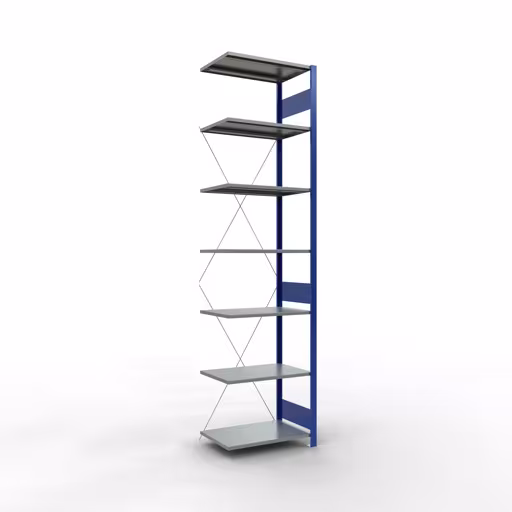 Anbauregal, Fachbodenregal Stecksystem MULTIplus150, 3000 x 750 x 500 mm (HxBxT), 7 Fachböden, Kreuzstrebe, RAL 5010 enzianblau/verzinkt/verzinkt aus der Kategorie Anbauregal mit der Artikelnummer 12757-75-B
