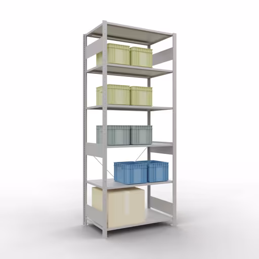 Produktbild Nr 16 des Artikels Grundregal, Fachbodenregal Stecksystem MULTIplus85, 2500 x 1000 x 600 mm (HxBxT), 6 Fachböden, Kreuzstrebe, RAL 7035 lichtgrau Abbildung Nr 16 des Artikels Grundregal, Fachbodenregal Stecksystem MULTIplus85, 2500 x 1000 x 600 mm (HxBxT), 6 Fachböden, Kreuzstrebe, RAL 7035 lichtgrau aus der Produktgruppe Stecksystem von der Marke Schulte Lagertechnik