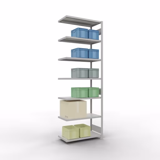 Anbauregal, Fachbodenregal Stecksystem MULTIplus330, 3000 x 1000 x 500 mm (HxBxT), 7 Fachböden, Längenriegel, RAL 7035 lichtgrau von Schulte Lagertechnik mit der Artikelnr. 33857-LR