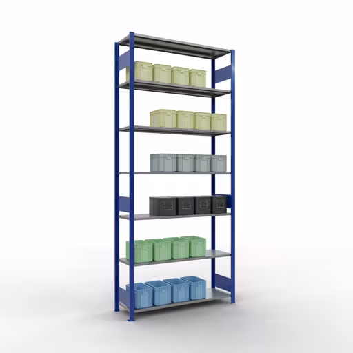 Grundregal, Fachbodenregal Stecksystem MULTIplus150, 3000 x 1300 x 400 mm (HxBxT), 7 Fachböden, Längenriegel, RAL 5010 enzianblau/verzinkt von der Marke Schulte Lagertechnik aus der Produktreihe Stecksystem