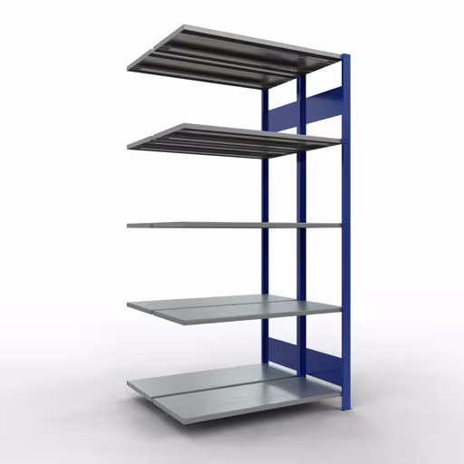 Anbauregal, Doppelregal, Fachbodenregal Stecksystem MULTIplus150, 2000 x 1000 x (2x400) mm (HxBxT), 2x5 Fachböden, Längenriegel, RAL 5010 enzianblau aus der Kategorie Doppelregale mit der Artikelnummer 33145-B