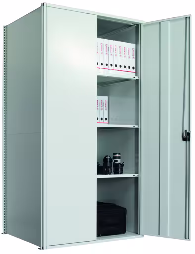 Flügeltürschrank, Grundregal 2000 x 1000 x 1000 mm, RAL 7035 lichtgrau/verzinkt, 5 MULTIplus250-Fachböden, Seitenwände, Rückwand, 1 Stück Flügeltür von Schulte Lagertechnik mit der Artikelnr. 12990-M6