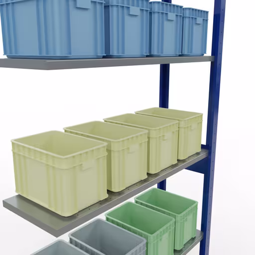 Abbildung Nr 13 des Artikels Anbauregal, Fachbodenregal Stecksystem MULTIplus85, 2500 x 1000 x 300 mm (HxBxT), 6 Fachböden, Längenriegel, RAL 5010 enzianblau aus der Produktgruppe Stecksystem von der Marke Schulte Lagertechnik
