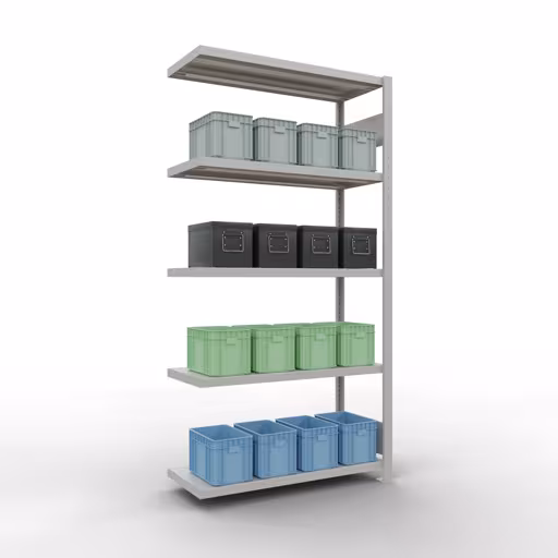 Abbildung Nr 15 des Artikels Anbauregal, Fachbodenregal Stecksystem MULTIplus250, 2000 x 1000 x 400 mm (HxBxT), 5 Fachböden, Längenriegel, RAL 7035 lichtgrau aus der Produktgruppe Stecksystem von der Marke Schulte Lagertechnik