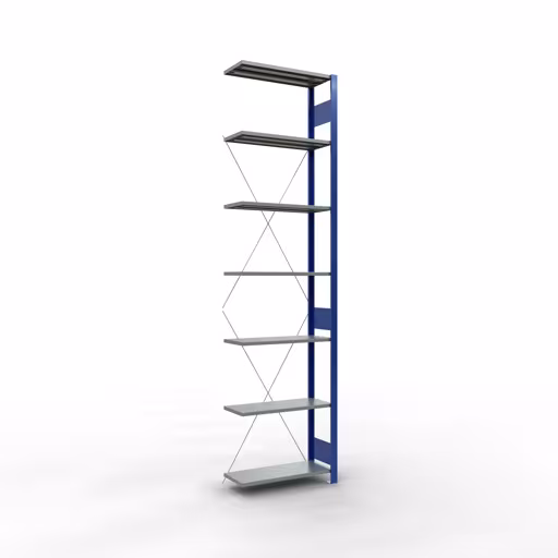 Anbauregal, Fachbodenregal Stecksystem MULTIplus150, 3000 x 750 x 300 mm (HxBxT), 7 Fachböden, Kreuzstrebe, RAL 5010 enzianblau/verzinkt/verzinkt aus der Kategorie Anbauregal mit der Artikelnummer 12737-75-B