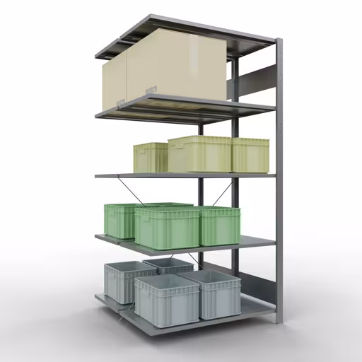 Abbildung Nr 9 des Artikels Anbauregal, Doppelregal, Fachbodenregal Stecksystem MULTIplus150, 2000 x 1000 x (2x500) mm (HxBxT), 2x5 Fachböden, Kreuzstrebe, verzinkt aus der Produktgruppe Fachbodenregale von der Marke Schulte Lagertechnik
