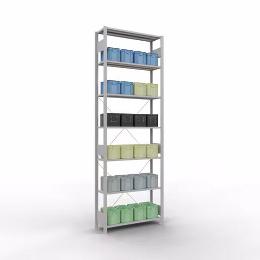 Abbildung Nr 16 des Artikels Grundregal, Fachbodenregal Stecksystem MULTIplus85, 3000 x 1000 x 300 mm (HxBxT), 7 Fachböden, Kreuzstrebe, RAL 7035 lichtgrau aus der Produktgruppe Stecksystem von der Marke Schulte Lagertechnik