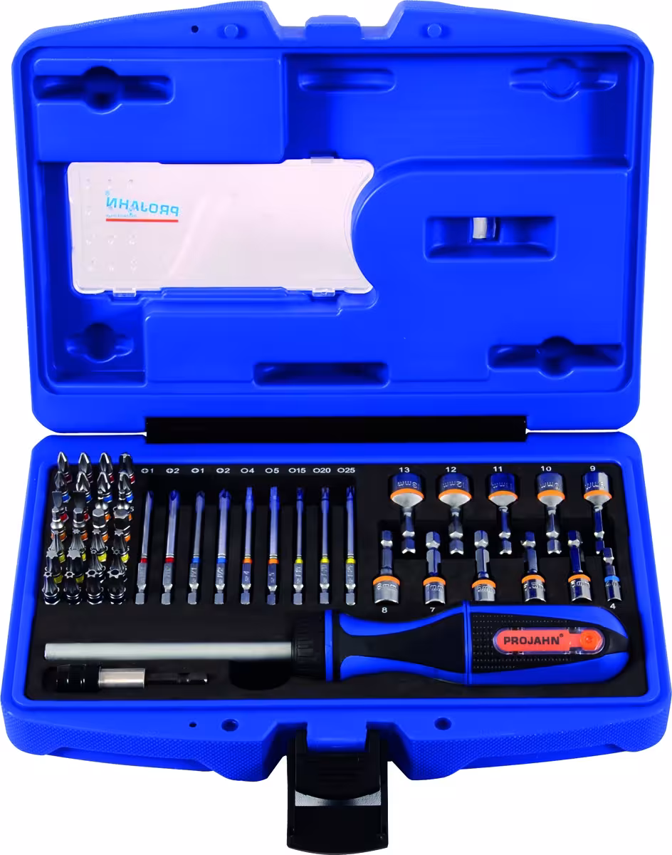 1/4" Bit Box mit markierten Bits 60tlg inkl. Ratschenschraubendreher mit Bitfach von der Marke PROJAHN 1/4" Bit Box mit markierten Bits 60tlg inkl. Ratschenschraubendreher mit Bitfach aus der Kategorie Steckschlüssel Sätze & Einzelteile mit der Artikelnummer 4097