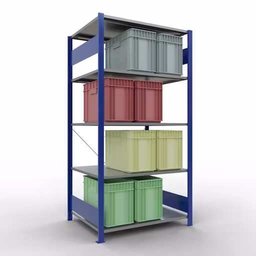 Grundregal, Fachbodenregal Stecksystem MULTIplus150, 2000 x 1000 x 800 mm (HxBxT), 5 Fachböden, Kreuzstrebe, RAL 5010/verzinkt von Schulte Lagertechnik mit der Artikelnr. 12580-B