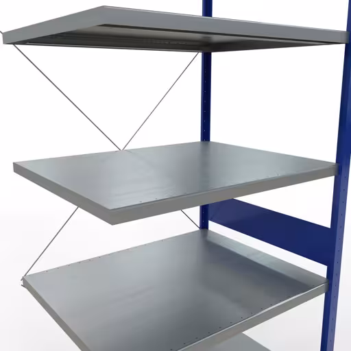 Anbauregal, Fachbodenregal Stecksystem MULTIplus250, 3000 x 1000 x 800 mm (HxBxT), 7 Fachböden, Kreuzstrebe, RAL 5010 enzianblau/verzinkt von Schulte Lagertechnik mit der Artikelnr. 12987-B