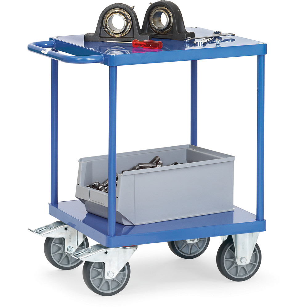 Tischwagen 2496B - Stahlblech-Plattformen bündig pulverbeschichtet brillantblau RAL 5007 2 Plattformen aus Stahlblech, bündig im Rahmen