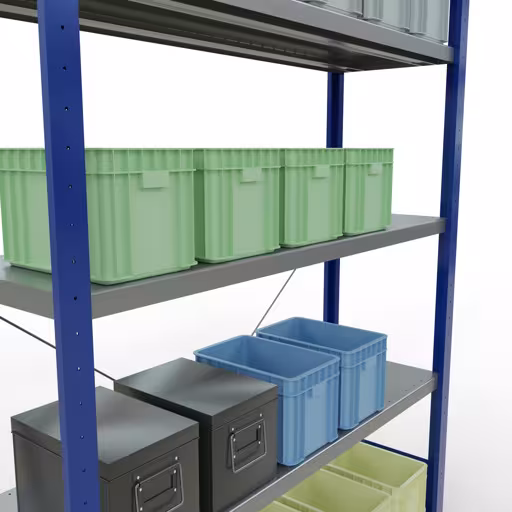 Abbildung Nr 7 des Artikels Grundregal, Fachbodenregal Stecksystem MULTIplus250, 2000 x 1300 x 400 mm (HxBxT), 5 Fachböden, Kreuzstrebe, RAL 5010 enzianblau/verzinkt aus der Produktgruppe Stecksystem von der Marke Schulte Lagertechnik