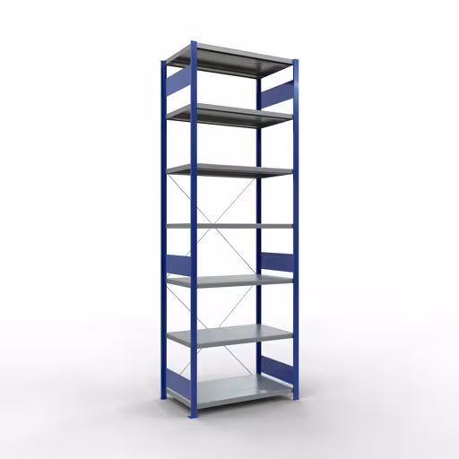 Grundregal, Fachbodenregal Stecksystem MULTIplus330, 3000 x 1000 x 600 mm (HxBxT), 7 Fachböden, Kreuzstrebe, RAL 5010 enzianblau/verzinkt aus der Kategorie Grundregal mit der Artikelnummer 13962-B
