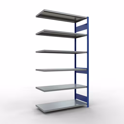 Anbauregal, Fachbodenregal Stecksystem MULTIplus250, 2500 x 1300 x 600 mm (HxBxT), 6 Fachböden, Längenriegel, RAL 5010 enzianblau/verzinkt aus der Kategorie Anbauregal mit der Artikelnummer 12966-130-LR-B