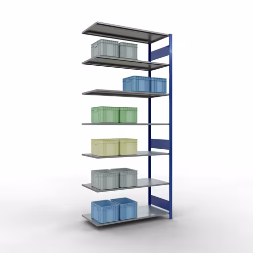 Produktbild Nr.15 des Artikels Anbauregal, Fachbodenregal Stecksystem MULTIplus150, 3000 x 1300 x 600 mm (HxBxT), 7 Fachböden, Längenriegel, RAL 5010 enzianblau/verzinkt aus der Produktreihe Stecksystem von der Marke Schulte Lagertechnik