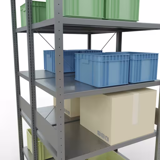 Grundregal, Doppelregal, Fachbodenregal Stecksystem MULTIplus250, 3000 x 1000 x (2x600) mm (HxBxT), 2x7 Fachböden, Kreuzstrebe, verzinkt mit der GTIN 4058255035373 Grundregal, Doppelregal, Fachbodenregal Stecksystem MULTIplus250, 3000 x 1000 x (2x600) mm (HxBxT), 2x7 Fachböden, Kreuzstrebe, verzinkt von Schulte Lagertechnik mit der Artikelnr. 14262-G