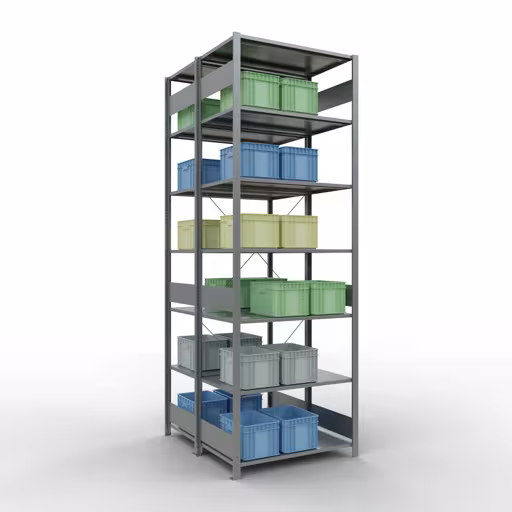 Produktbild Nr 10 des Artikels Grundregal, Doppelregal, Fachbodenregal Stecksystem MULTIplus150, 3000 x 1000 x (2x1200) mm (HxBxT), 2x7 Fachböden, Kreuzstrebe, verzinkt Abbildung Nr 10 des Artikels Grundregal, Doppelregal, Fachbodenregal Stecksystem MULTIplus150, 3000 x 1000 x (2x1200) mm (HxBxT), 2x7 Fachböden, Kreuzstrebe, verzinkt aus der Produktgruppe Fachbodenregale von der Marke Schulte Lagertechnik