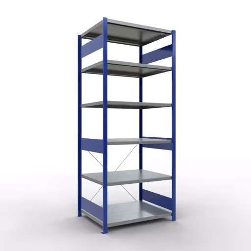 Grundregal, Fachbodenregal Stecksystem MULTIplus330, 2500 x 1000 x 800 mm (HxBxT), 6 Fachböden, Kreuzstrebe, RAL 5010 enzianblau/verzinkt aus der Kategorie Grundregal mit der Artikelnummer 13981-B
