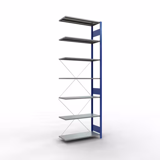 Anbauregal, Fachbodenregal Stecksystem MULTIplus85, 3000 x 1000 x 400 mm (HxBxT), 7 Fachböden, Kreuzstrebe, RAL 5010 enzianblau von der Marke Schulte Lagertechnik Anbauregal, Fachbodenregal Stecksystem MULTIplus85, 3000 x 1000 x 400 mm (HxBxT), 7 Fachböden, Kreuzstrebe, RAL 5010 enzianblau aus der Kategorie Anbauregal mit der Artikelnummer 13147-B
