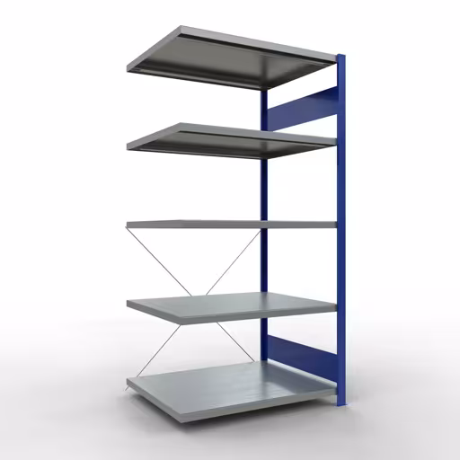 Anbauregal, Fachbodenregal Stecksystem MULTIplus250, 2000 x 1000 x 800 mm (HxBxT), 5 Fachböden, Kreuzstrebe, RAL 5010 enzianblau/verzinkt aus der Kategorie Anbauregal mit der Artikelnummer 12985-B
