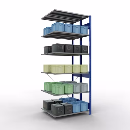 Zusatzbild des Artikels Anbauregal, Doppelregal, Fachbodenregal Stecksystem MULTIplus150, 2500 x 1000 x (2x400) mm (HxBxT), 2x6 Fachböden, Kreuzstrebe, RAL 5010 enzianblau aus Doppelregale
