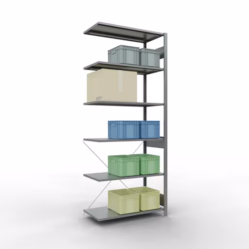 Anbauregal, Eckregal (Feld C) 2500 x 1000 x 500, 6 Fachböden, Kreuzstrebe, verzinkt mit der GTIN 4004514241252 Anbauregal, Eckregal (Feld C) 2500 x 1000 x 500, 6 Fachböden, Kreuzstrebe, verzinkt von Schulte Lagertechnik mit der Artikelnr. 12756-ECK