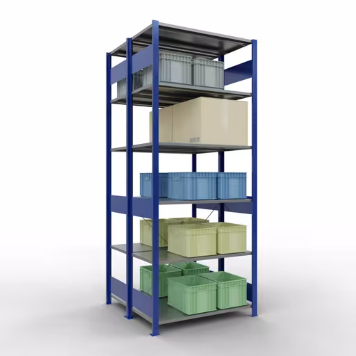 Grundregal, Doppelregal, Fachbodenregal Stecksystem MULTIplus150, 2500 x 1000 x (2x500) mm (HxBxT), 2x6 Fachböden, Kreuzstrebe, RAL 5010 enzianblau von der Marke Schulte Lagertechnik aus der Produktreihe Fachbodenregale