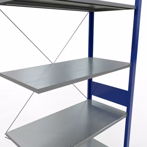 Anbauregal, Fachbodenregal Stecksystem MULTIplus85, 3000 x 1000 x 500 mm (HxBxT), 7 Fachböden, Kreuzstrebe, RAL 5010 enzianblau von der Marke Schulte Lagertechnik aus der Produktreihe Stecksystem