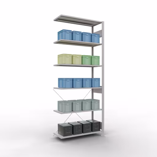 Abbildung Nr 13 des Artikels Anbauregal, Fachbodenregal Stecksystem MULTIplus150, 2500 x 1000 x 400 mm (HxBxT), 6 Fachböden, Kreuzstrebe, RAL 7035 lichtgrau aus der Produktgruppe Stecksystem von der Marke Schulte Lagertechnik