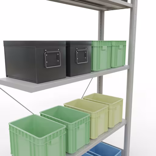 Abbildung Nr 12 des Artikels Anbauregal, Fachbodenregal Stecksystem MULTIplus150, 2000 x 1000 x 300 mm (HxBxT), 5 Fachböden, Kreuzstrebe, RAL 7035 lichtgrau aus der Produktgruppe Stecksystem von der Marke Schulte Lagertechnik