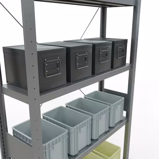 Produktbild Nr 13 des Artikels Grundregal, Fachbodenregal Stecksystem MULTIplus330, 3000 x 1000 x 300 mm (HxBxT), 7 Fachböden, Kreuzstrebe, verzinkt Abbildung Nr 13 des Artikels Grundregal, Fachbodenregal Stecksystem MULTIplus330, 3000 x 1000 x 300 mm (HxBxT), 7 Fachböden, Kreuzstrebe, verzinkt aus der Produktgruppe Stecksystem von der Marke Schulte Lagertechnik