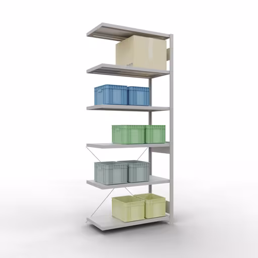 Abbildung Nr 14 des Artikels Anbauregal, Fachbodenregal Stecksystem MULTIplus330, 2500 x 1000 x 500 mm (HxBxT), 6 Fachböden, Kreuzstrebe, RAL 7035 lichtgrau aus der Produktgruppe Stecksystem von der Marke Schulte Lagertechnik