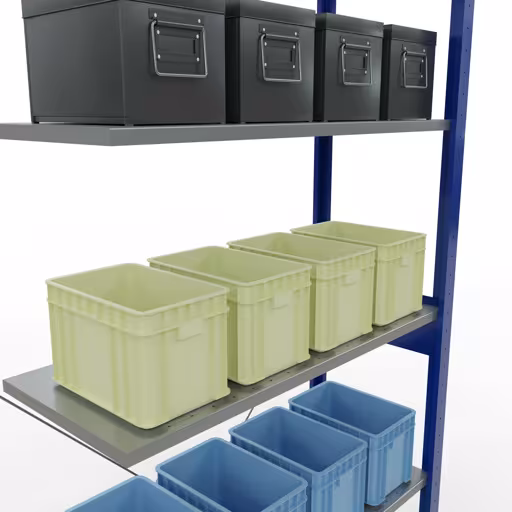 Anbauregal, Fachbodenregal Stecksystem MULTIplus150, 2500 x 1000 x 400 mm (HxBxT), 6 Fachböden, Kreuzstrebe, RAL 5010/verzinkt von Schulte Lagertechnik mit der Artikelnr. 12646-B