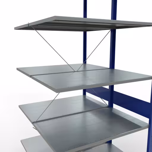 Zusatzbild des Artikels Anbauregal, Doppelregal, Fachbodenregal Stecksystem MULTIplus150, 3000 x 1000 x (2x1200) mm (HxBxT), 2x7 Fachböden, Kreuzstrebe, RAL 5010 enzianblau aus Doppelregale