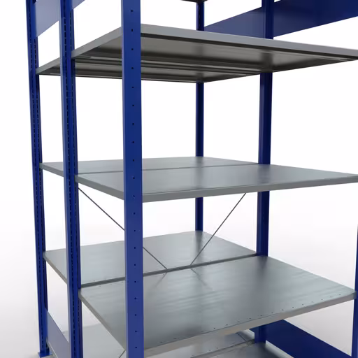 Produktbild Nr.7 des Artikels Grundregal, Doppelregal, Fachbodenregal Stecksystem MULTIplus150, 2000 x 1000 x (2x600) mm (HxBxT), 2x5 Fachböden, Kreuzstrebe, RAL 5010 enzianblau aus der Produktreihe Fachbodenregale von der Marke Schulte Lagertechnik