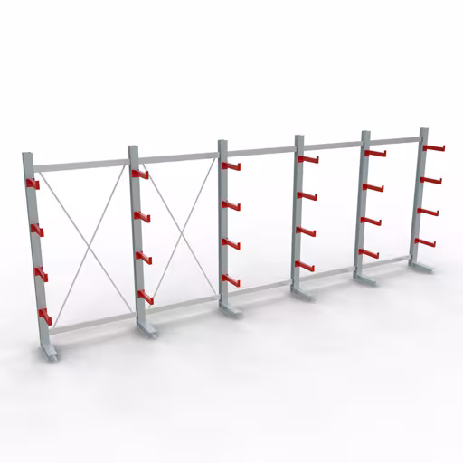 Abbildung Nr 9 des Artikels K 3000 Komplettregal, einseitig, 2500 x 6500 x 400 mm, RAL 7001 / RAL 3000, 5 Lagerebenen aus der Produktgruppe Kragarmregale von der Marke Schulte Lagertechnik