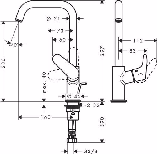 Technische Zeichnung 4023872 Hansgrohe Einhebel-Waschtischmischer FOCUS 240 mit Zugstangen-Ablaufgarnitur 1 1/4 Zoll chrom