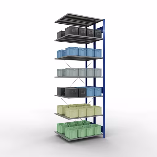 Andere Ansicht des Artikels Anbauregal, Doppelregal, Fachbodenregal Stecksystem MULTIplus150, 3000 x 1000 x (2x800) mm (HxBxT), 2x7 Fachböden, Kreuzstrebe, RAL 5010 enzianblau aus der Kategorie Doppelregale