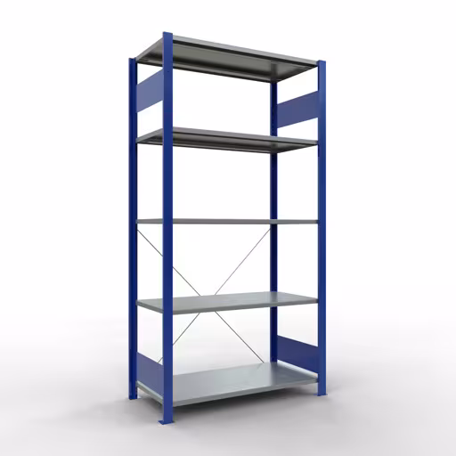 Abbildung Nr 15 des Artikels Grundregal, Fachbodenregal Stecksystem MULTIplus85, 2000 x 1000 x 500 mm (HxBxT), 5 Fachböden, Kreuzstrebe, RAL 5010 enzianblau aus der Produktgruppe Stecksystem von der Marke Schulte Lagertechnik
