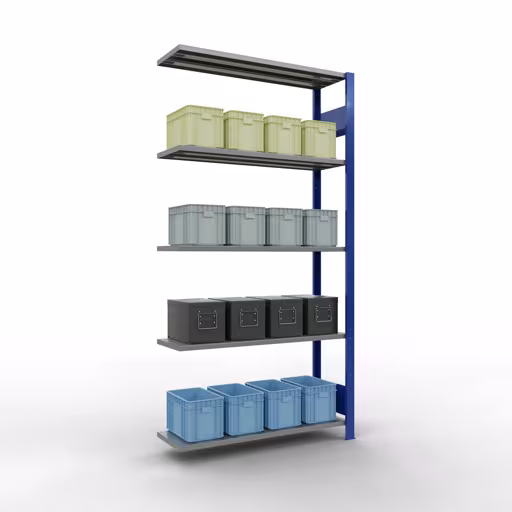 Anbauregal, Fachbodenregal Stecksystem MULTIplus150, 2000 x 1000 x 300 mm (HxBxT), 5 Fachböden, Längenriegel, RAL 5010 enzianblau/verzinkt von Schulte Lagertechnik mit der Artikelnr. 12735-LR-B