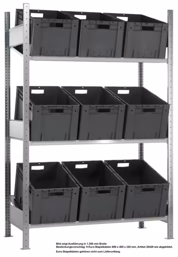 Zusatzbild des Artikels Grundregal, Schrägbodenregal MULTIplus150, 2000 x 1000 x 600 mm (HxBxT), verzinkt/RAL 7035 lichtgrau, 3 Fachböden Zusatzbild des Artikels Grundregal, Schrägbodenregal MULTIplus150, 2000 x 1000 x 600 mm (HxBxT), verzinkt/RAL 7035 lichtgrau, 3 Fachböden aus Kanbanregale