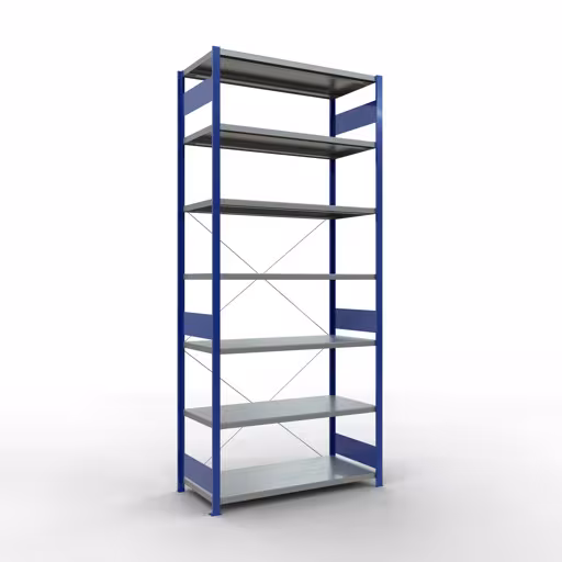 Grundregal, Fachbodenregal Stecksystem MULTIplus250, 3000 x 1300 x 600 mm (HxBxT), 7 Fachböden, Kreuzstrebe, RAL 5010 enzianblau/verzinkt aus der Kategorie Grundregal mit der Artikelnummer 12962-130-B