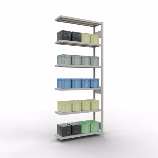 Abbildung Nr 14 des Artikels Anbauregal, Fachbodenregal Stecksystem MULTIplus330, 2500 x 1000 x 300 mm (HxBxT), 6 Fachböden, Längenriegel, RAL 7035 lichtgrau aus der Produktgruppe Stecksystem von der Marke Schulte Lagertechnik