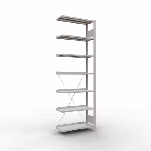 Anbauregal, Büro-Fachbodenregal Stecksystem MULTIplus85, 2300 x 750 x 300 mm (HxBxT), 7 Fachböden, Kreuzstrebe, mit Anschlagleiste, lichtgrau von der Marke Schulte Lagertechnik Anbauregal, Büro-Fachbodenregal Stecksystem MULTIplus85, 2300 x 750 x 300 mm (HxBxT), 7 Fachböden, Kreuzstrebe, mit Anschlagleiste, lichtgrau aus der Kategorie Stecksystem mit der Artikelnummer 36015