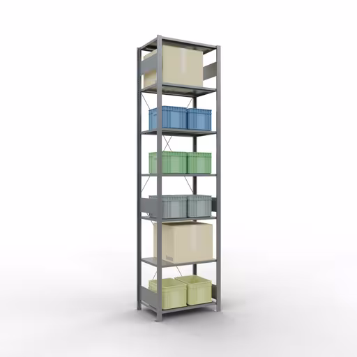 Produktbild Nr.6 des Artikels Grundregal, Fachbodenregal Stecksystem MULTIplus150, 3000 x 750 x 500 mm (HxBxT), 7 Fachböden, Kreuzstrebe, verzinkt aus der Produktreihe Stecksystem von der Marke Schulte Lagertechnik