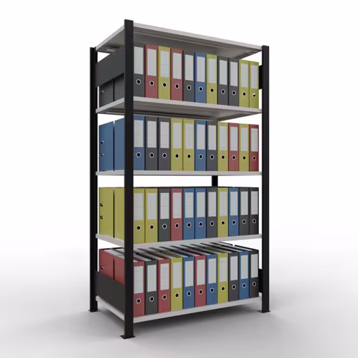 Produktbild Nr 10 des Artikels Grundregal, Büro-Fachbodenregal Stecksystem MULTIplus150, 1800 x 1000 x 600 mm (HxBxT), 5 Fachböden, Längenriegel, ohne Mittelanschlag, schwarz/lichtgrau Abbildung Nr 10 des Artikels Grundregal, Büro-Fachbodenregal Stecksystem MULTIplus150, 1800 x 1000 x 600 mm (HxBxT), 5 Fachböden, Längenriegel, ohne Mittelanschlag, schwarz/lichtgrau aus der Produktgruppe Büroregale von der Marke Schulte Lagertechnik